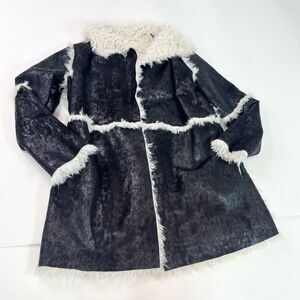 Elan Coat Womens Medium Black & White Solid Faux Fur Long-Sleeve Swing Coat